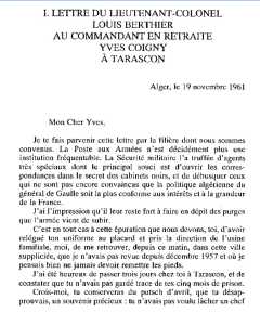   Lettre du colonel BERTHIER
au Commandant Yves COIGNY
19 Novembre 1961
